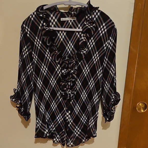 **Clearance** Signature By Larry Levine Ruffle-neck Plaid Dress Blouse - Picture 1 of 10